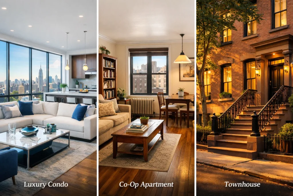 NYC vs Long Island real estate comparison showing condo interior, co-op apartment, and NYC townhouse